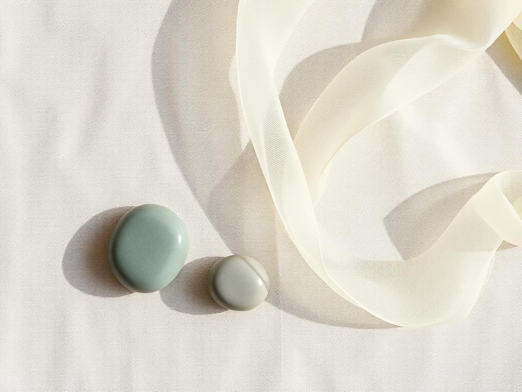 Two smooth sage-toned pebbles arranged in slow sequence beside a soft cream silk ribbon on warm linen