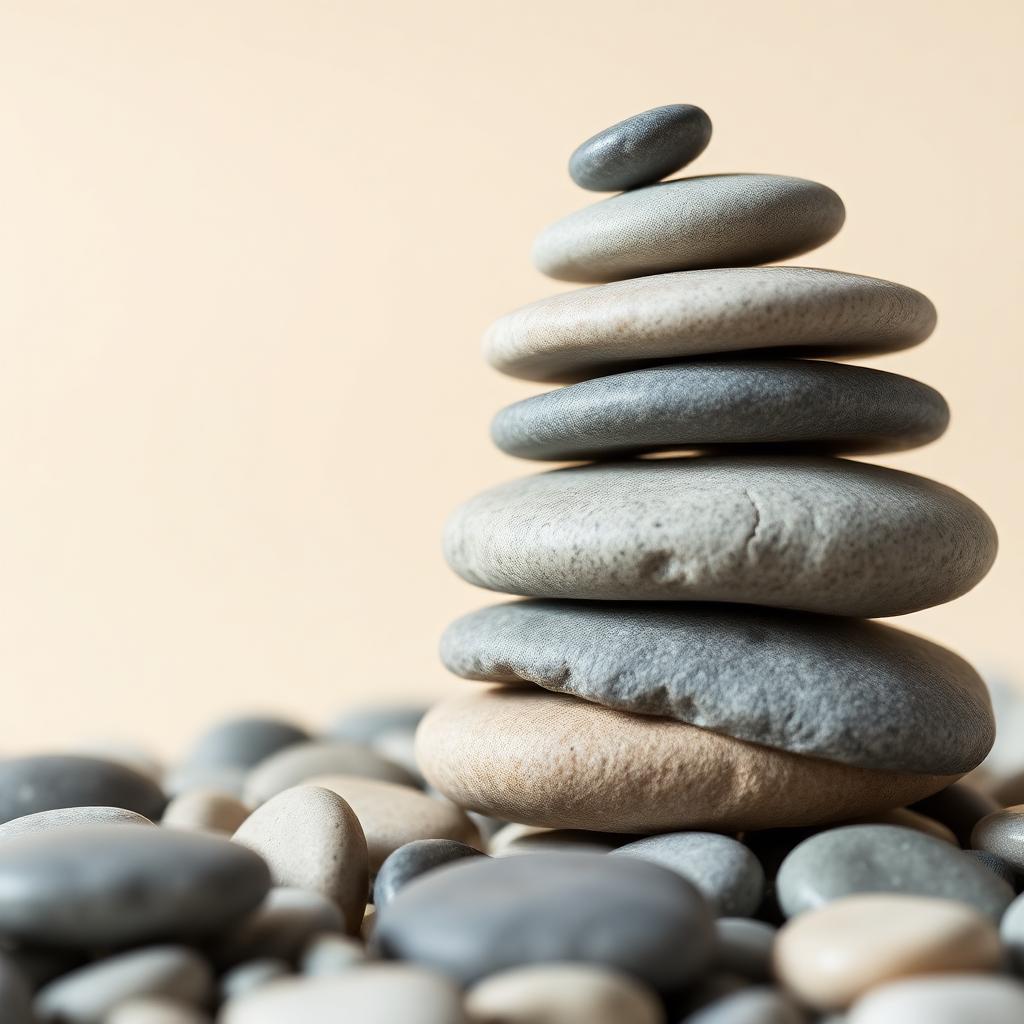 Smooth river pebbles stacked in quiet balance against a warm cream background