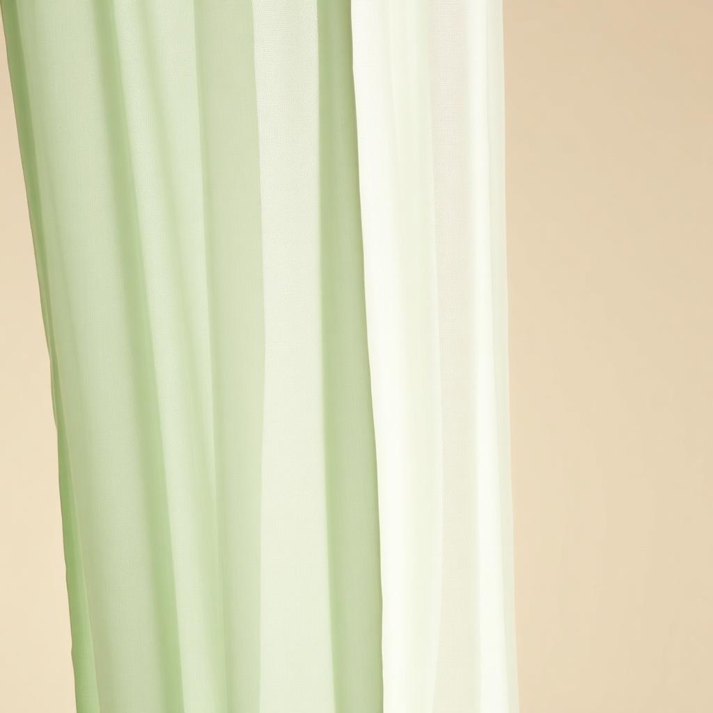 Two overlapping translucent linen fabrics in pale sage and soft jade, lit by gentle window light