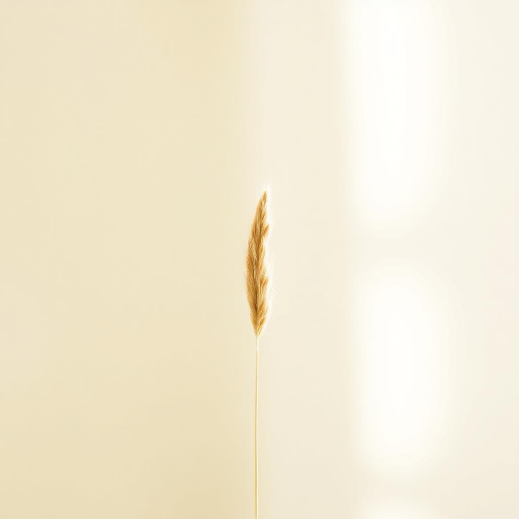 A single dried grass stem in soft morning light against a warm cream backdrop